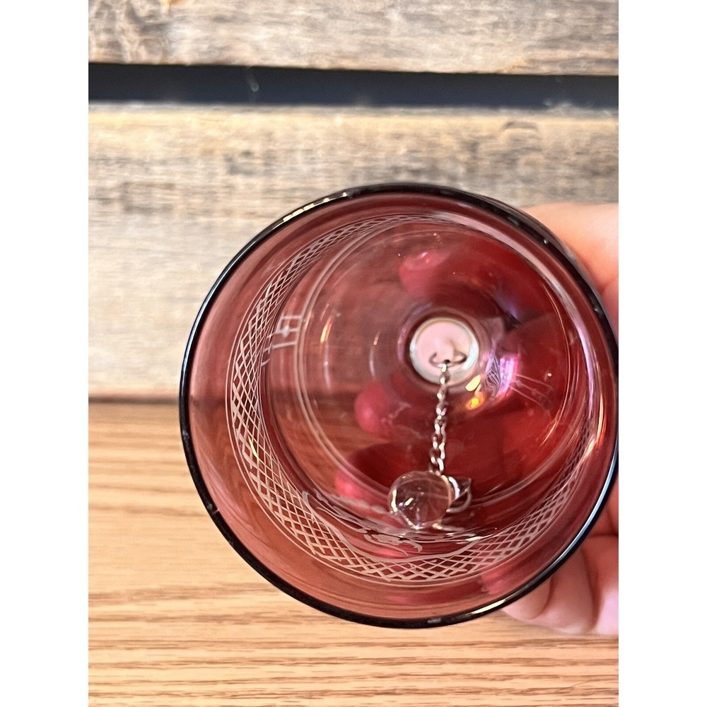 Clear and Raspberry Glass Bell Etched Florals Hand Blown Vintage Granny Core MCM - Picture 6 of 6